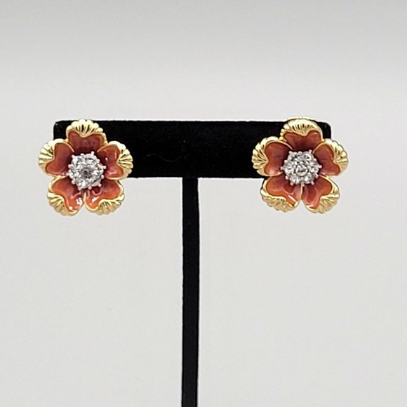 Nolan Miller Signed Gold Tone Metal Flower Cluster Pave Enamel Clip On Earrings - Picture 2 of 6